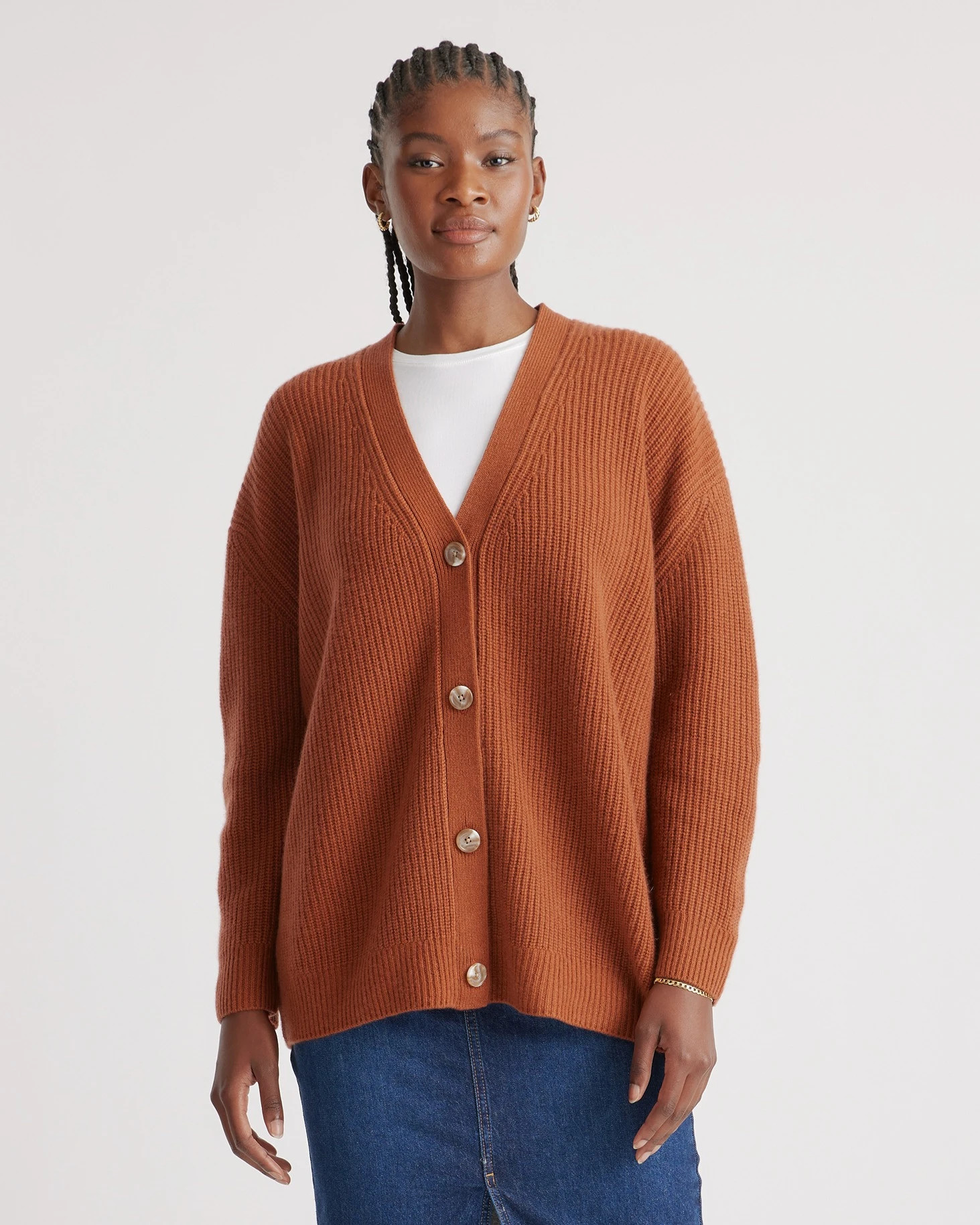 Mongolian Spring Cashmere Oversized Boyfriend Cardigan Sweater in Chestnut | Quince