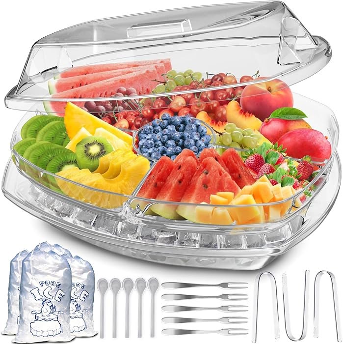 Premium Chilled Serving Tray for Parties - 15" Ice Chilled Party Platter w/Lid & Dip Holder - Fun... | Amazon (US)