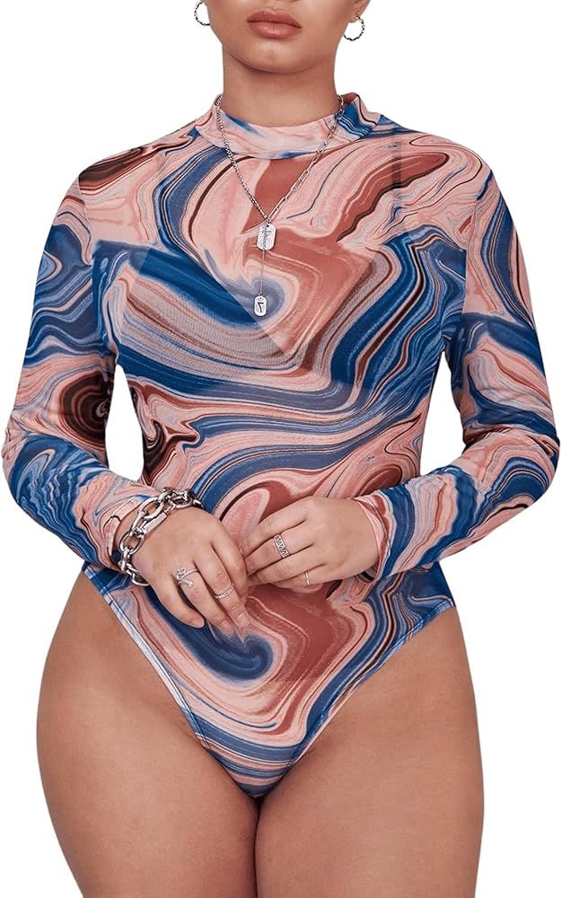 Milumia Women's Plus Size Marble Printed Long Sleeve Mock Neck Bodysuit See Through Sheer Shirt T... | Amazon (US)