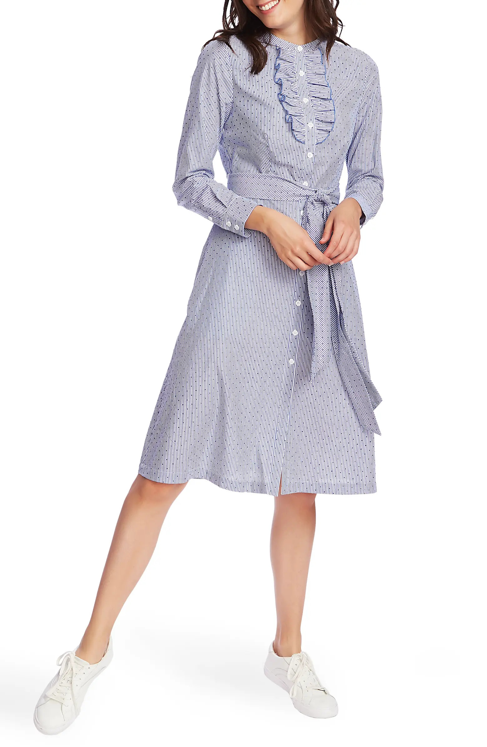Court & Rowe Ruffle Placket Flocked Dot Pinstripe Long Sleeve Cotton Shirtdress | Nordstrom | Nordstrom