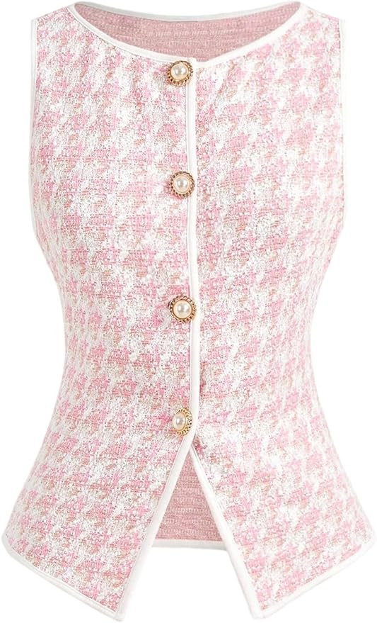 MakeMeChic Women's Houndstooth Plaid Vest Tops Trendy Dressy Tops Button Wasitcoat For Work Offic... | Amazon (US)