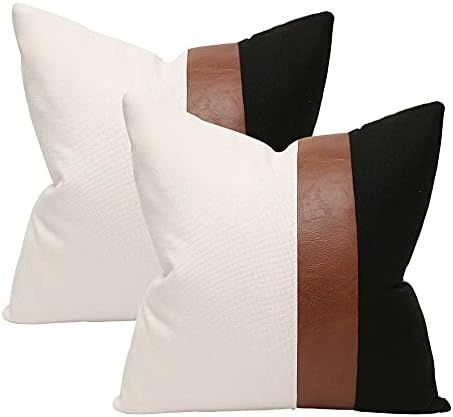 Hckot Set of 2 Faux Leather and Linen Throw Pillow Covers 18x18 Inch Minimalist Black and White M... | Amazon (US)