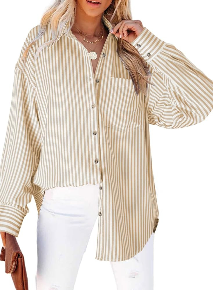 Dokotoo Womens Tops Trendy V Neck Long Sleeve Button Down Shirts Casual Oversized Striped Blouses... | Amazon (US)