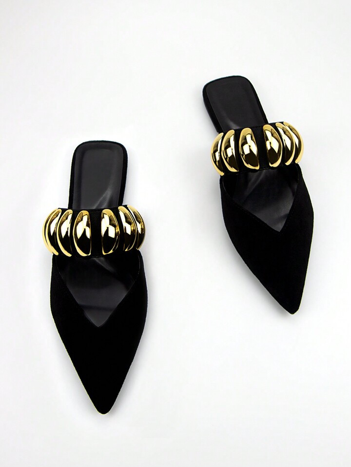 Women's Fashionable Black Suede Elastic Back Strap Pointed Toe Flat Mules, Decorated With Gold Me... | SHEIN