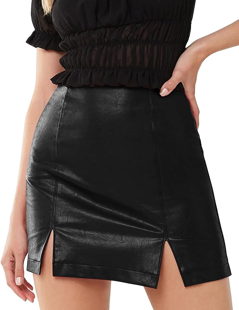 MANGOPOP Women's Basic High Waist Faux Leather Bodycon Mini Pencil Skirt | Amazon (US)