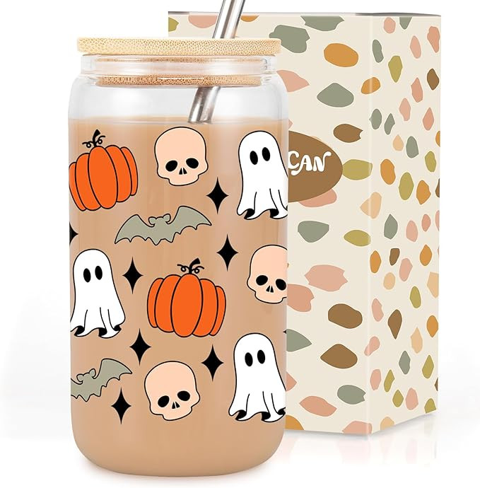 Coolife Halloween Pumpkin Ghost Skull Cups - 16 oz Pumpkins Fall Cup Mug, Tumbler Glass Cups w/Li... | Amazon (US)