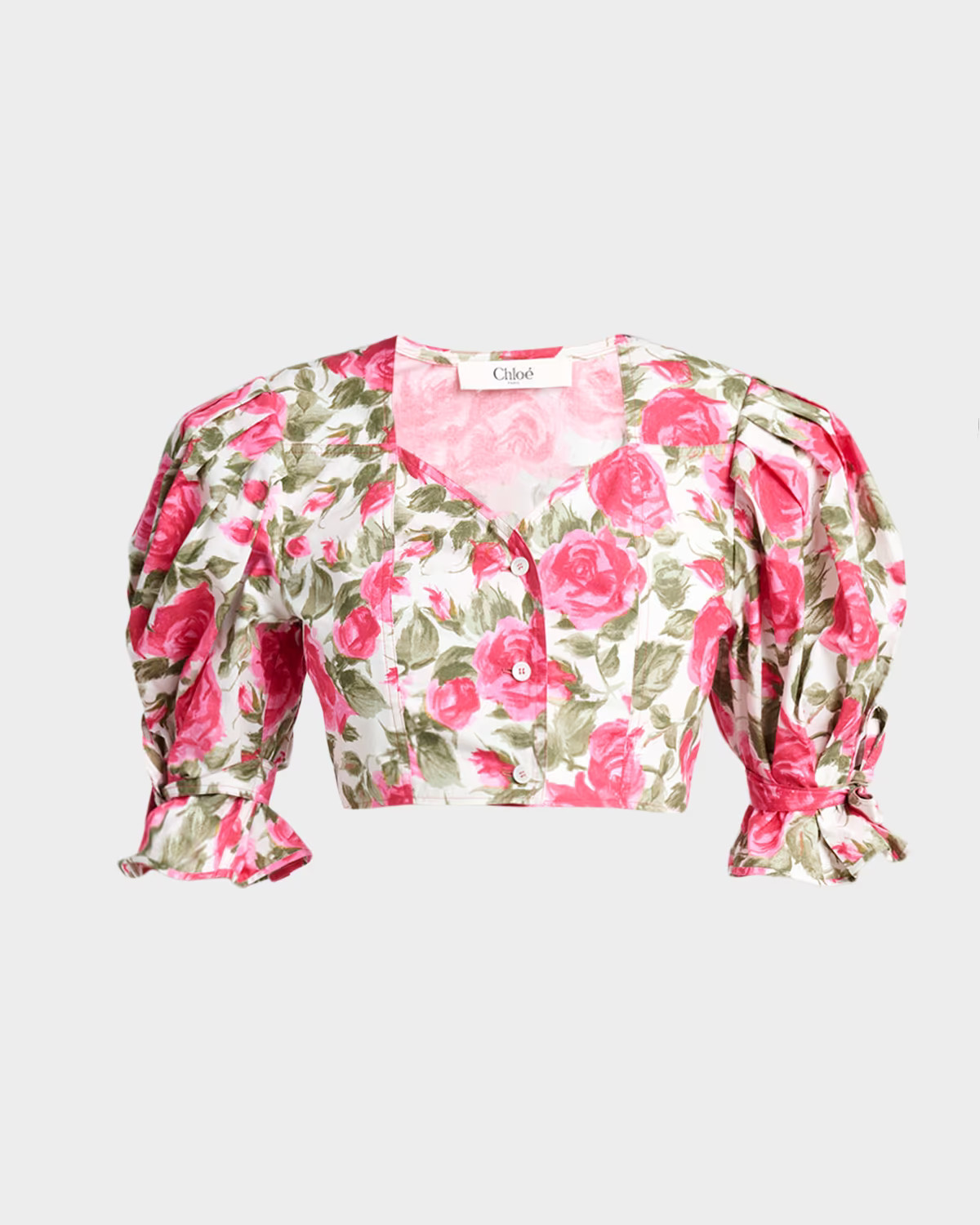 Floral Cotton Puff-Sleeve Button-Front Crop Top | Neiman Marcus