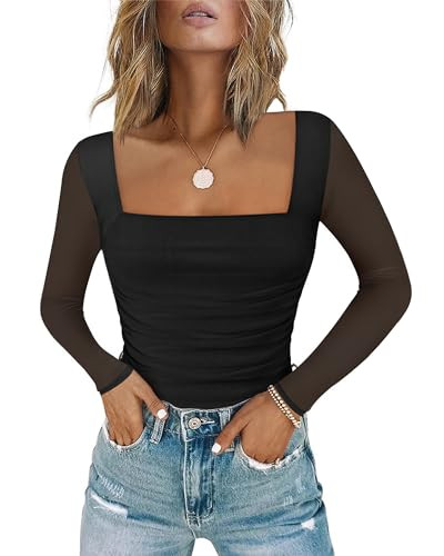 Chunpin Women's Mesh Square Neck Bodysuit Long Sleeve Going Out Tops Thong Bodysuits Outfits Black M | Amazon (US)