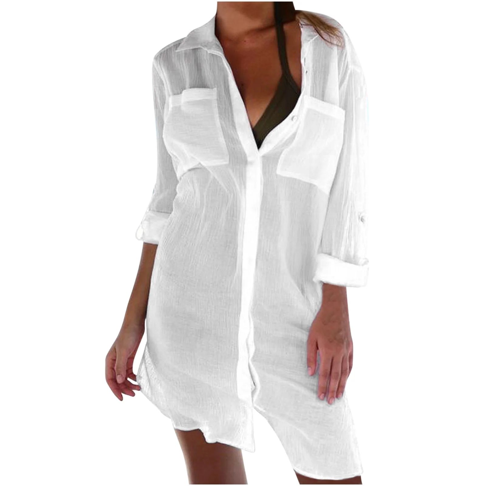 Women's Swimsuit Coverup Button Down Shirt Dress Beach Casual Cover Up Women Beach Cover Up Butto... | Walmart (US)