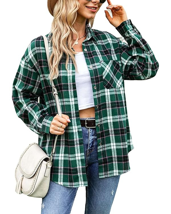 Lumister Oversized Flannel Shirt Women Long Sleeve Plaid Button Buffalo Shirt Blouse Tops with On... | Amazon (US)