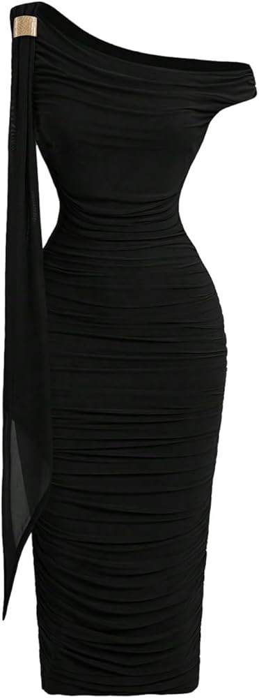 Floerns Women's Elegant Off The Shoulder Midi Dress Metal Sleeveless Ruched Slim Fit Bodycon Part... | Amazon (US)