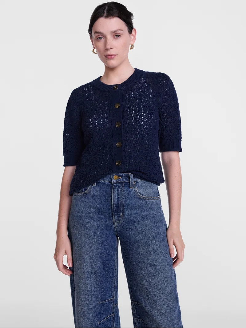 Scenario Women's Crewneck Cardigan with Short Sleeves, Lightweight, Sizes XS-XXXL | Walmart (US)