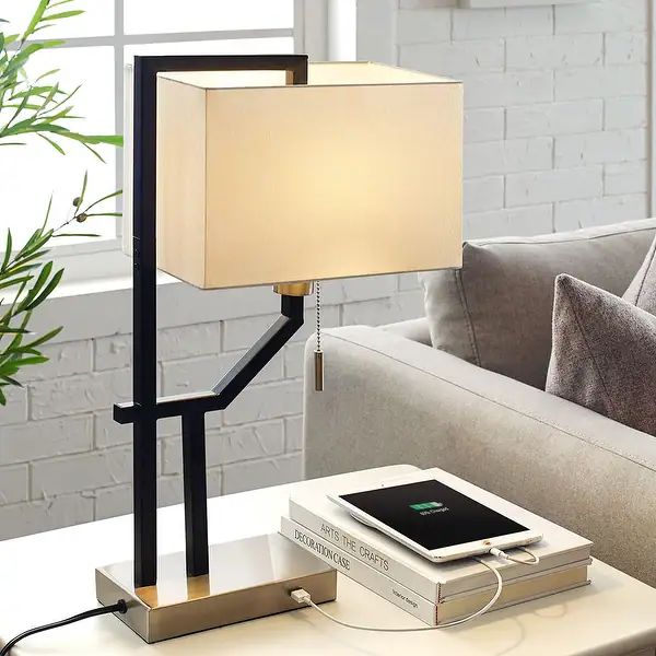 21" Matte Black/Brushed Nickel Table Lamp with USB Port and White Linen Shade， 9.5W LED Bulb In... | Bed Bath & Beyond