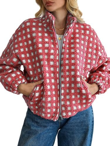 ALSOGO Womens Long Sleeve Checkered Sherpa Jacket Cropped Plaid Fleece Coats Zip Up Casual 2025 W... | Amazon (US)