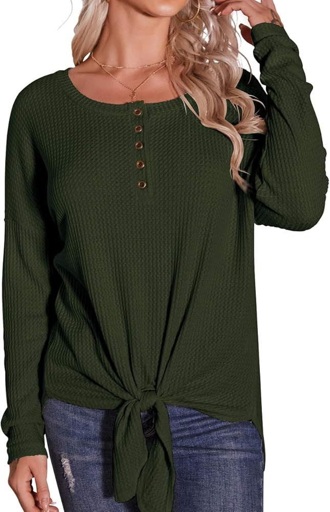 IWOLLENCE Womens Waffle Knit Tunic Button Up Shirts Tie Knot Front Tops Loose Pullover Blouses | Amazon (US)