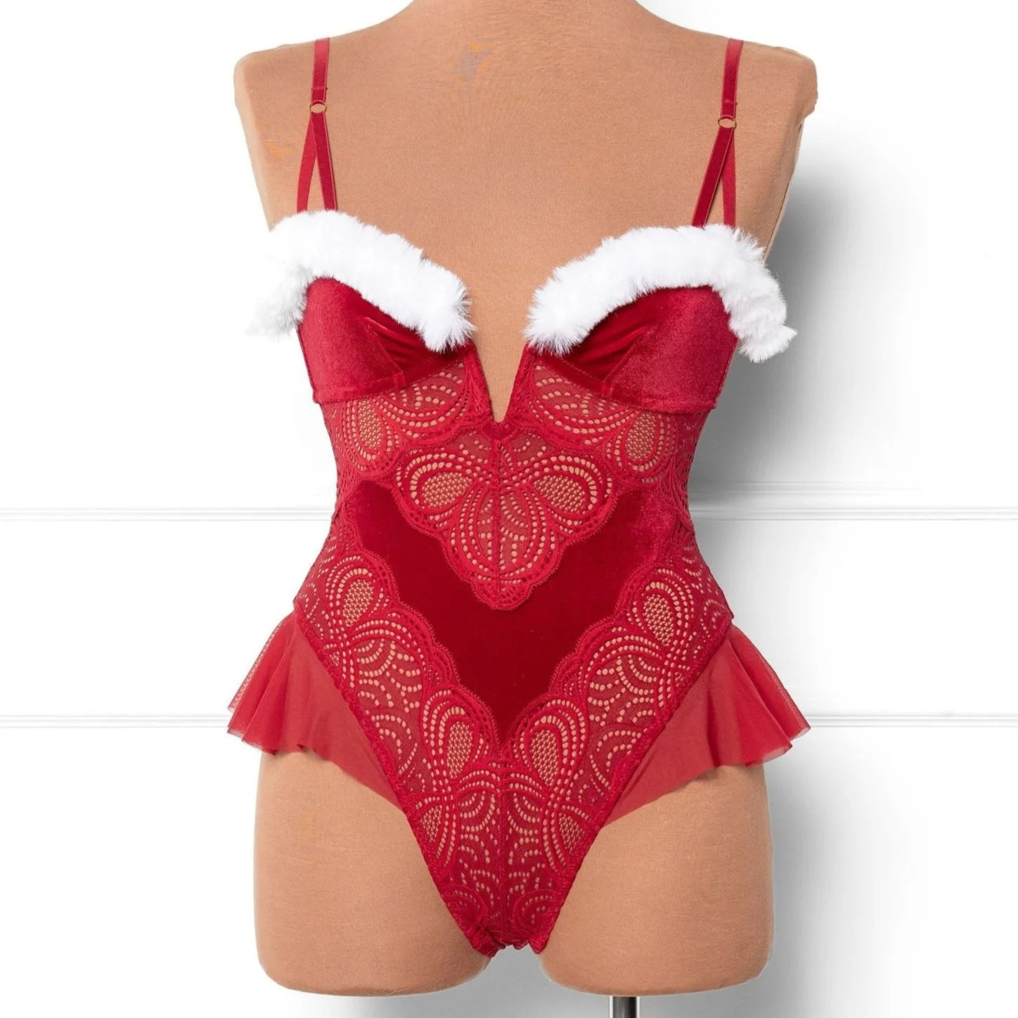 Lace and Velvet Crotchless Teddy - Red | Mentionables