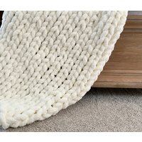 Chunky Knit Blanket Beige, White, Blankets & Throws, Chenille | Etsy (US)