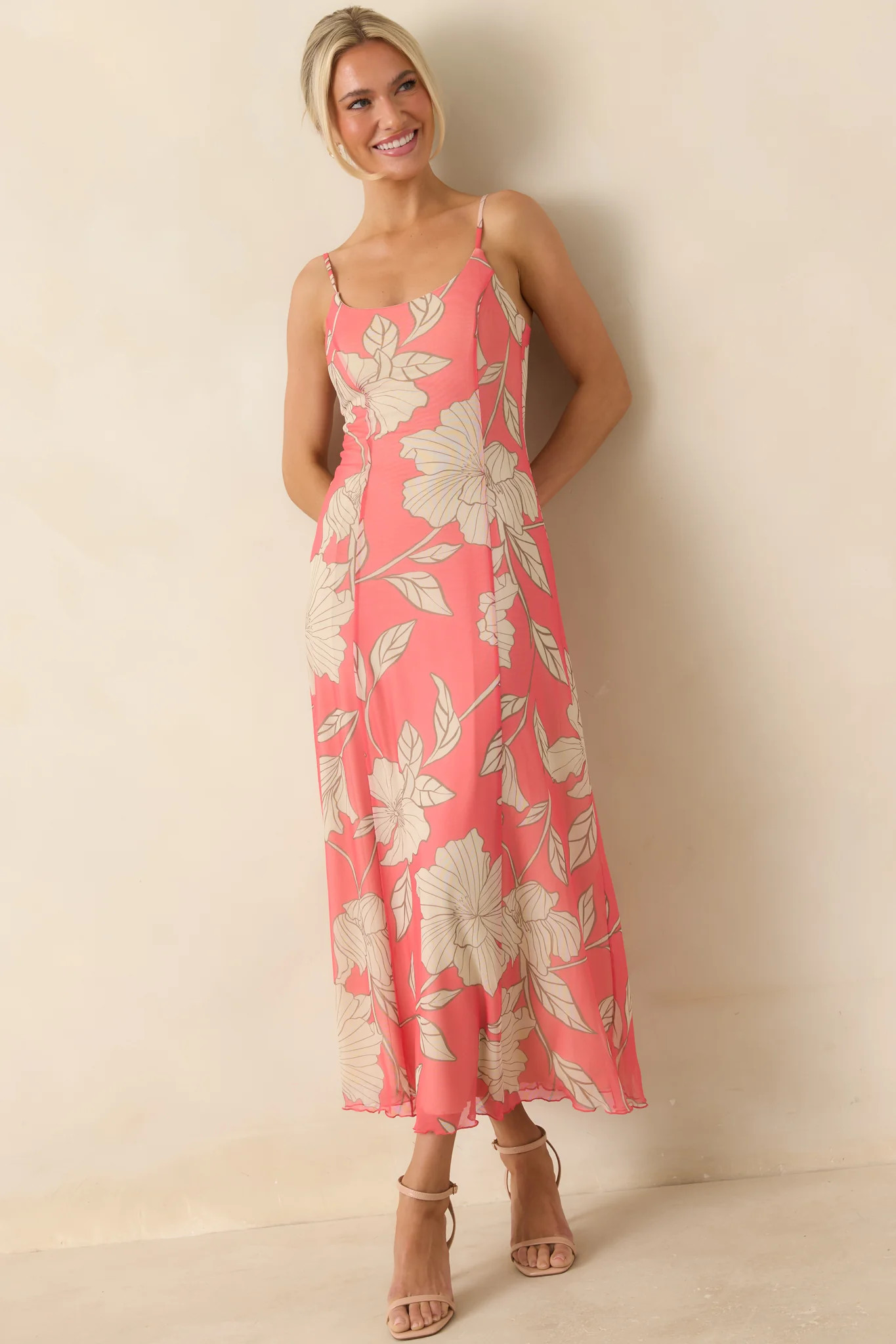 Z Supply Pink Coral Charisma Bloom Mesh Midi Dress | Red Dress