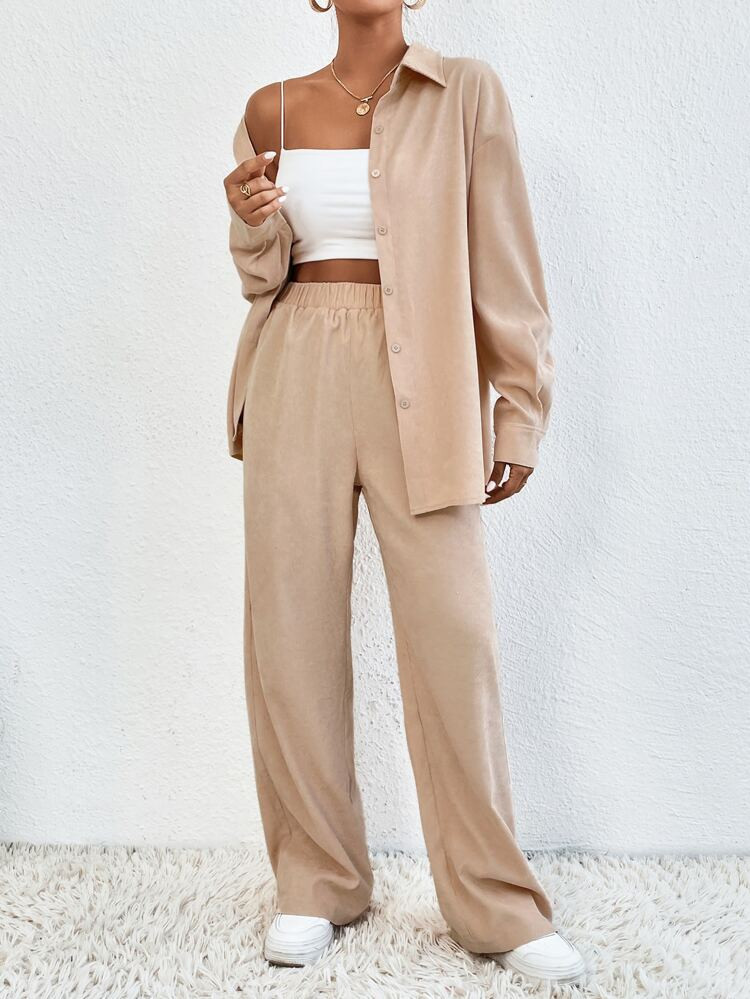 Drop Shoulder Corduroy Shirt & Pants | SHEIN