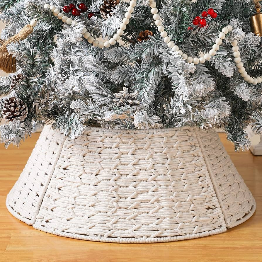 Shappy White Christmas Tree Collar 24'' Boho Christmas Tree Skirt Cotton Rope with Textured Cross... | Amazon (US)