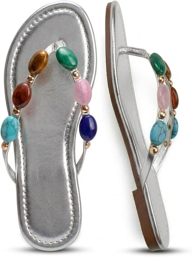 Oakmoo Women Jewelled Thong Strap Open Round Toe Flip Flops Comfy Slip on Flats Sandals Casual Su... | Amazon (US)