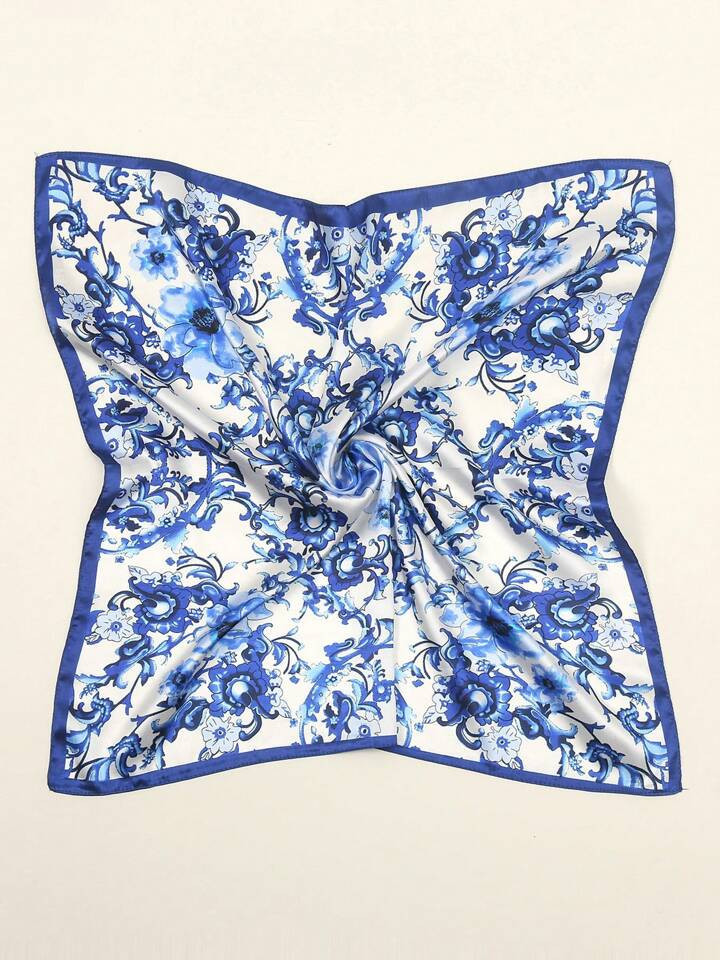 1pc Women's 60cm Silk Scarf With Watercolor Plum Blossom Pattern, Classic Blue Color, Versatile For Accessorizing Outfits And Bags | SHEIN