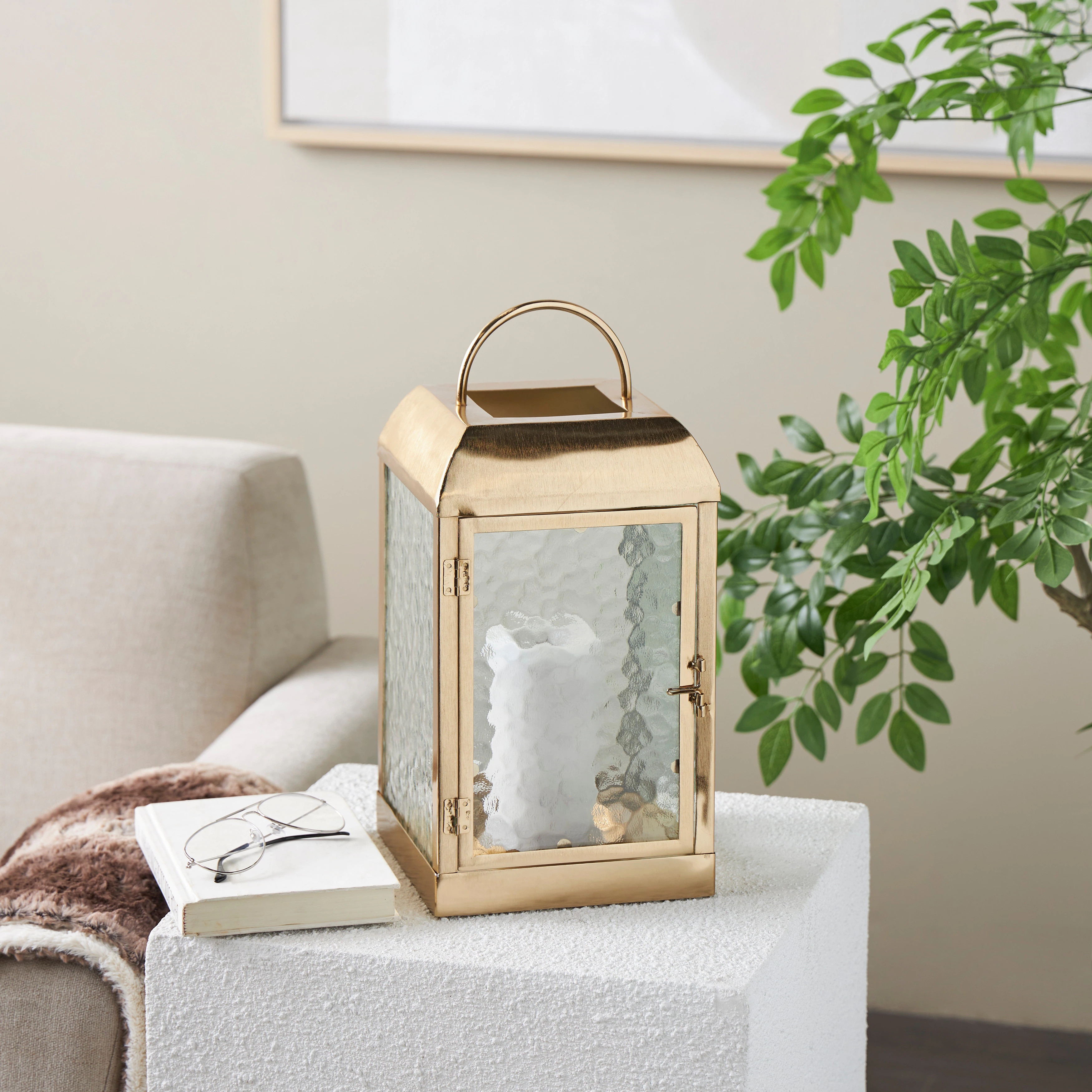 Gold Metal Candle Lantern with Pebbled Glass | Bed Bath & Beyond