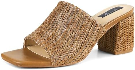 Ancomafio Heeled Sandals for Women，Raffia Sandals 2025 Chunky Heels Square Toe Mules Block Summ... | Amazon (US)