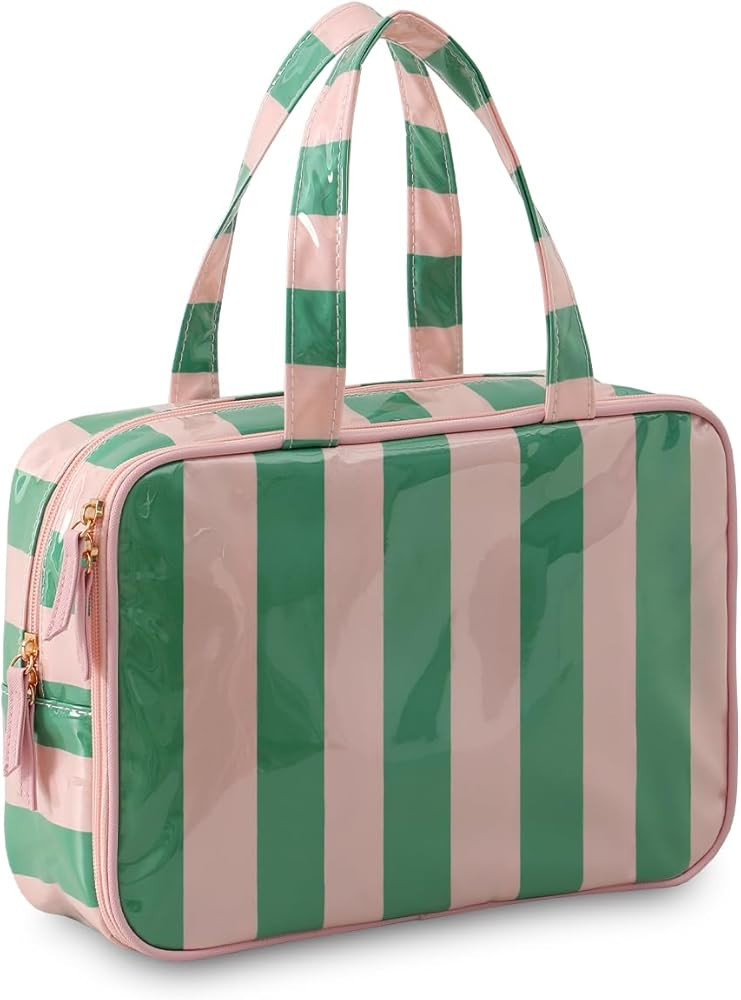 Travel Toiletry Bag for Women, Waterproof Clear Coated Portable Stripe Makeup Cosmetic Bag with C... | Amazon (US)
