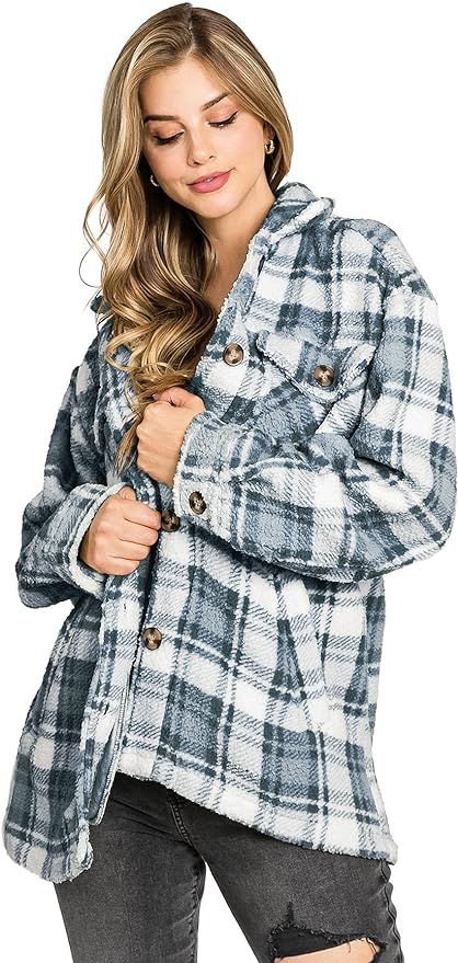 Love Tree Women's Cozy Soft Sherpa Teddy Coat Plaid Shacket | Amazon (US)