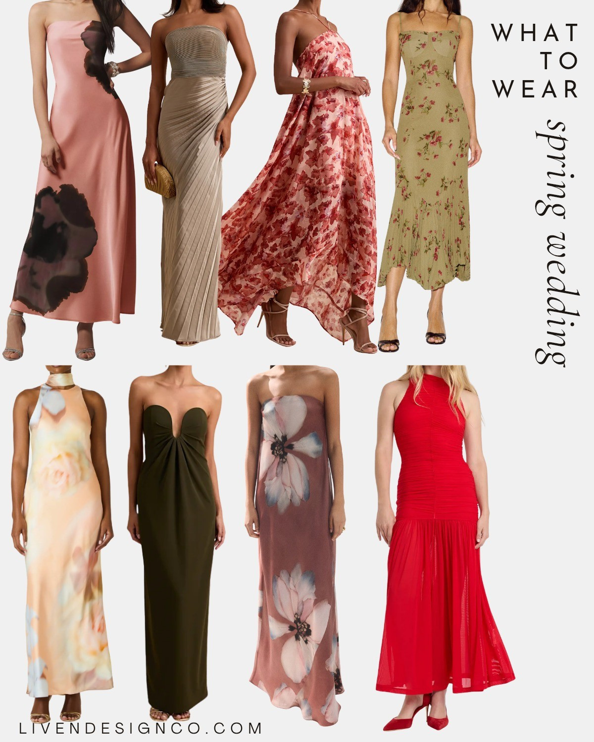 Spring wedding guest. Wedding guest dress. Special occasion dress. Floral dress. One shoulder dress. Strapless dress. Cowl neck dress. Draped dress. Yellow dress. Sage green. Mint. Satin dress. Style inspiration. Scarf dress. Butter yellow. Cobalt blue. Mauve. Red dress. Orange dress. Pink floral dress. Brown dress. Pleated dress. Muted toned dress. Olive green dress. Light blue dress. 

#LTKSeasonal #LTKSaleAlert #LTKWedding