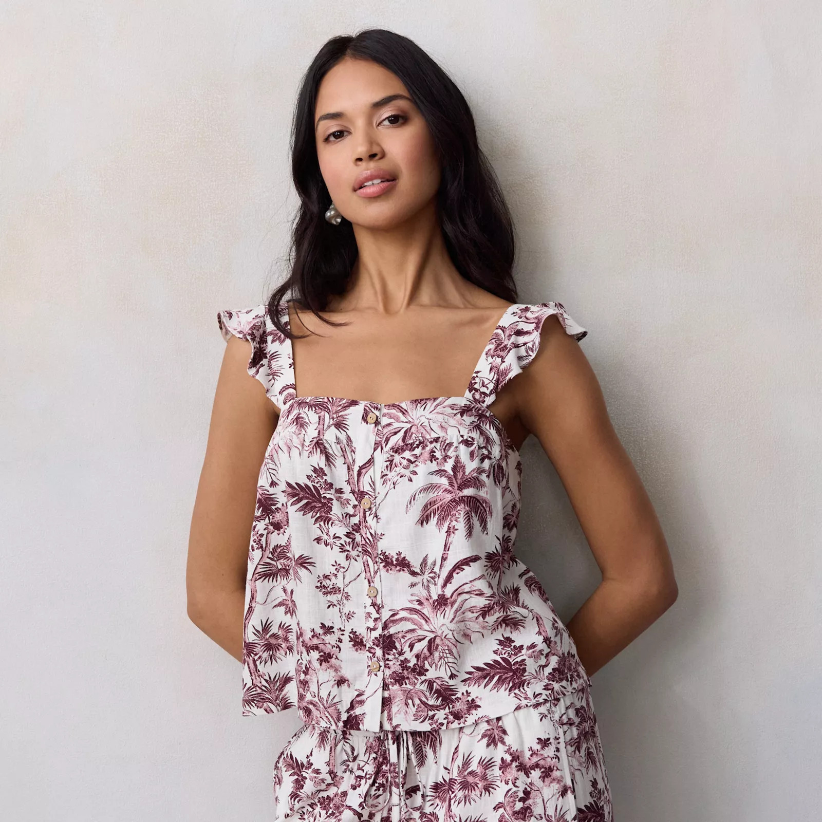 Women's LC Lauren Conrad Button Front Ruffled Shoulder Tank Top | Kohl's