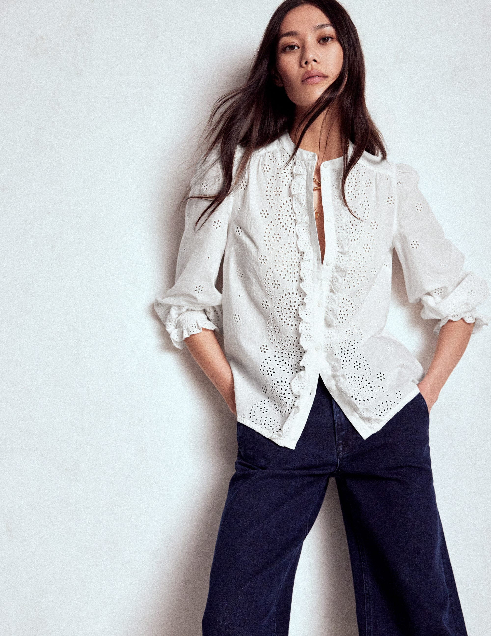 Boden Women's Alice Broderie Top in White | Size 14 | Boden UK