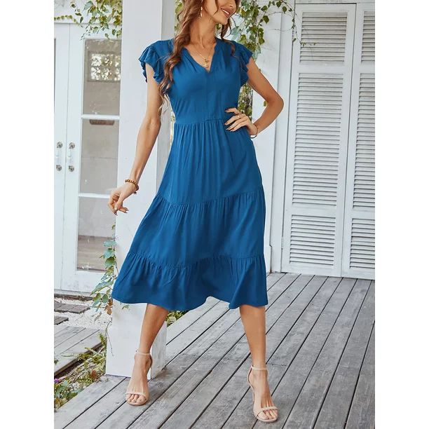 TEMOFON Casual Dress For Women Summer V Neck Midi Dress Wrap Flutter Sleeve Flowy Swing Ruffle Ti... | Walmart (US)