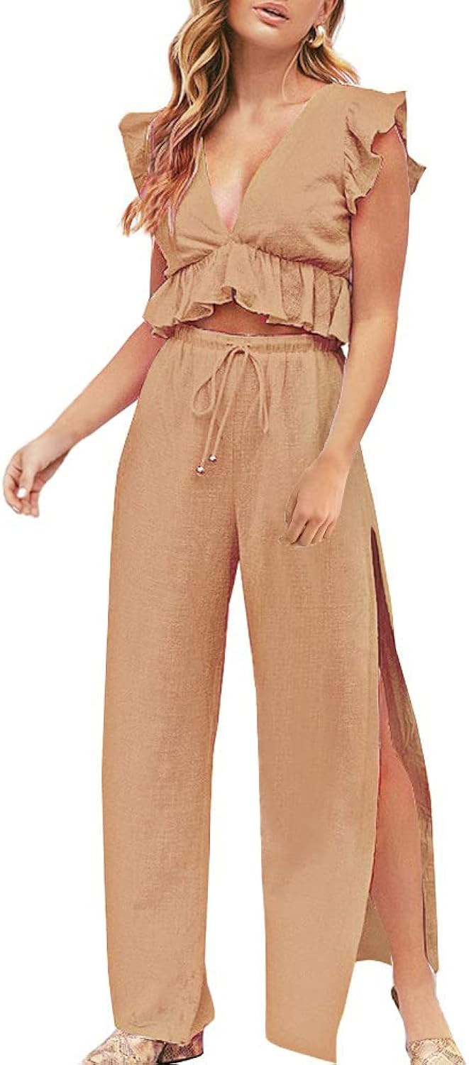 FANCYINN Womens 2 Pieces Outfits Deep V Neck Crop Top Side Slit Drawstring Wide Leg Pants Set Jum... | Amazon (US)