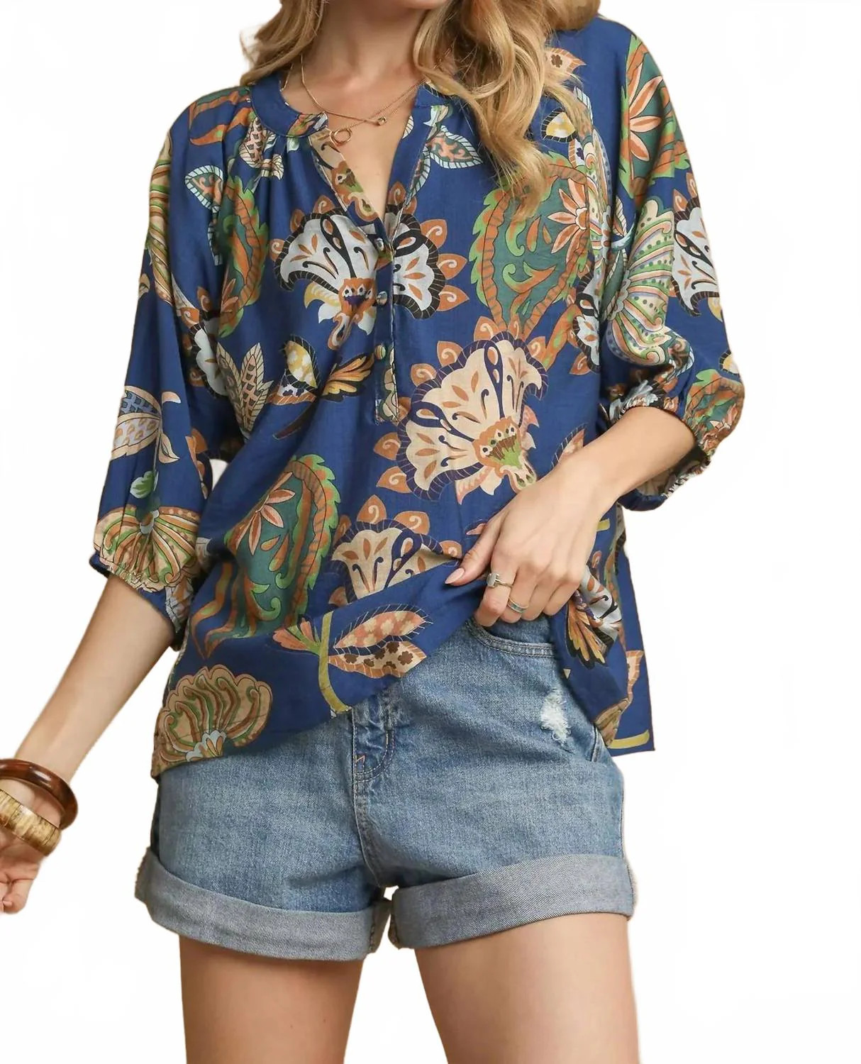 Boho Paisley Puff Sleeve Blouse In Navy | Shop Simon