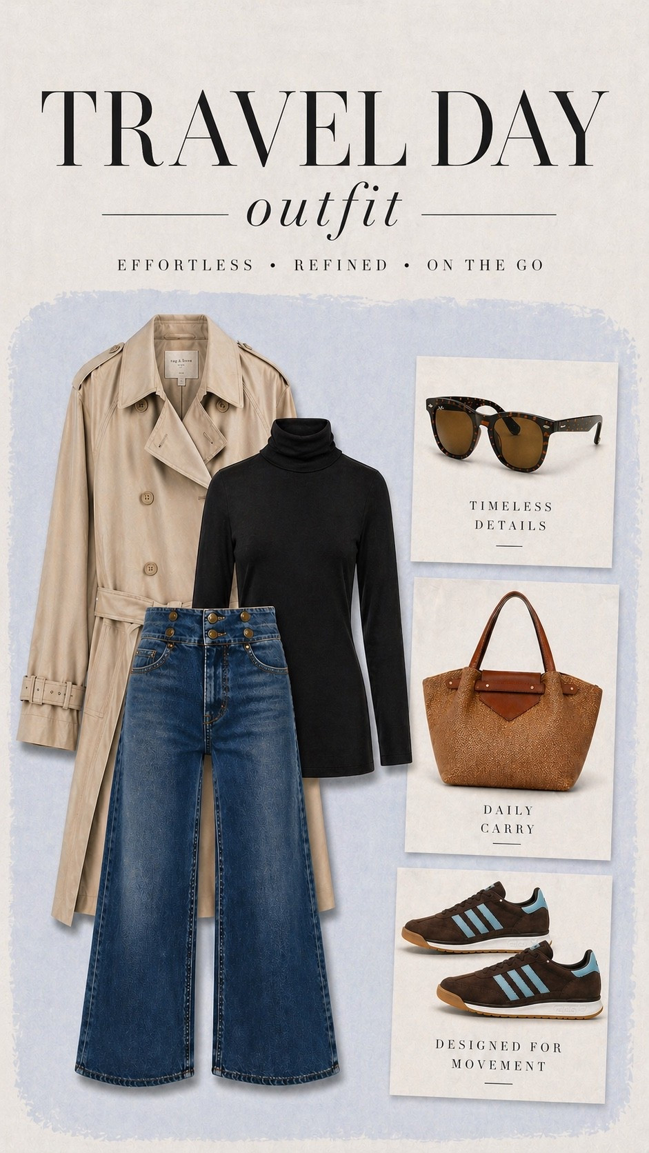 Travel day outfit with elevated basics and effortless layering. Neutral airport outfit styled with trench coat, wide leg jeans, and sneakers for a polished casual look. Perfect comfortable travel outfit for long flights and everyday wear. [travel outfit, airport outfit, casual outfit, everyday outfit, neutral outfit, capsule wardrobe, minimal style, effortless style, chic outfit, comfy outfit, spring outfit, fall outfit, trench coat outfit, wide leg jeans, sneakers outfit, outfit inspo, LTK style, fashion inspo]

#LTKTravel #LTKOver40 #LTKootd