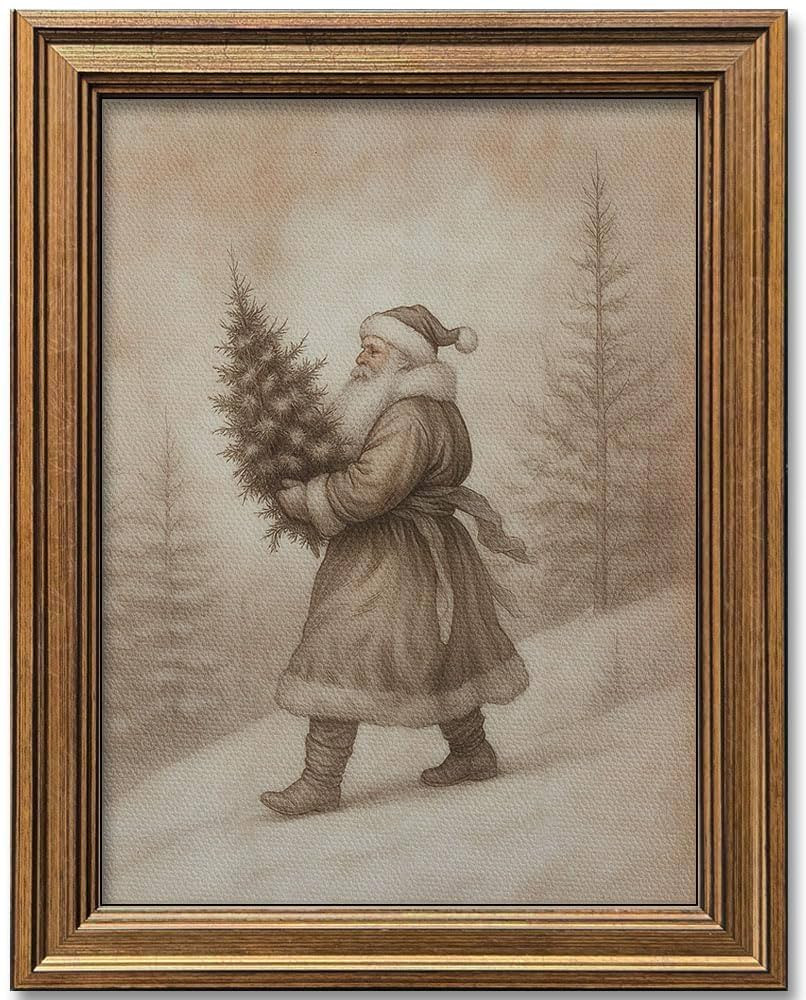 Vintage Christmas Decor Farmhouse Wall Art Gold Framed Rustic Winter Landscape Santa Pictures Pai... | Amazon (US)