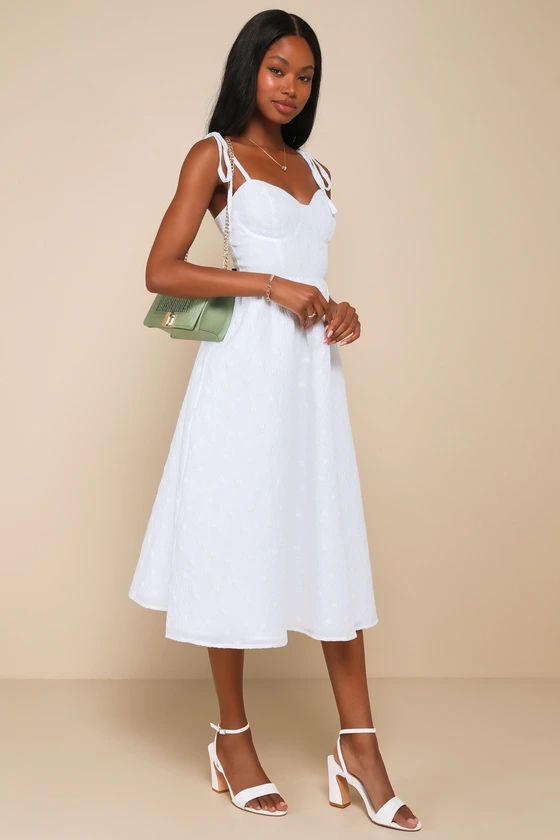 White Textured Floral Tie-Strap Midi Dress | White Dress Midi | White Midi Dress | Lulus