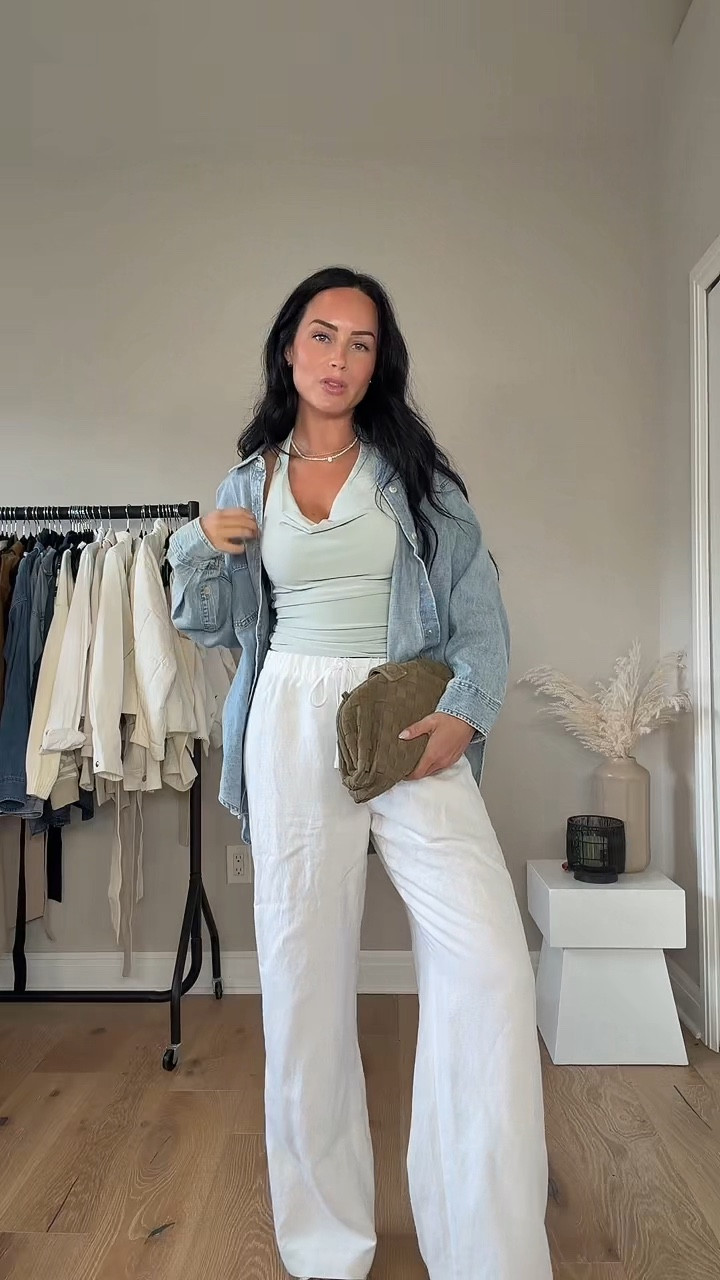The perfect spring outfit combo 🤍 all closet staples!! I’ll have this look on my LTK (outfit inspo section) 

My sizing 5’7, 145lbs, 32dd
I’m wearing a size xs denim shirt, size small tank, size medium pants (I like a size small in the pants more) 

@Aritzia 
spring outfit, Aritzia outfit, closet staples, elevated basics, chic everyday style, denim button up, halter top, white linen pants, neutral outfit, effortless style, minimal chic, capsule wardrobe, timeless pieces, clean girl aesthetic, spring fashion inspo, light and airy outfit, casual chic, everyday elegance, monochrome vibes, soft neutrals, polished casual, modern femininity, classic style, outfit inspo, spring wardrobe essentials

#LTKgrwm #LTKU #LTKootd