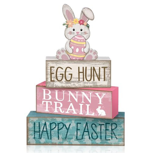 Lineshading 4 Pcs Easter Table Decoration Wooden Rabbit Easter Tiered Tray Decor Rustic Wooden Bunny Block Sign Gifts Cute Bunny Centerpiece Farmhouse Holy Week Party Decoration for Home Kitchen | Amazon (US)