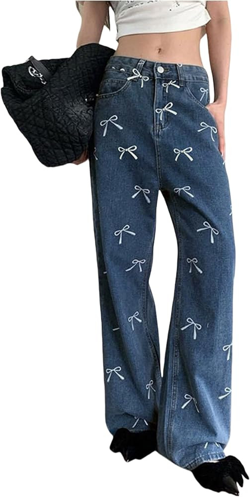 Women Indie Aesthetics Jeans Y2k Bow Trim Zipper Denim Pants Vintage Casual Baggy Jeans Streetwea... | Amazon (US)