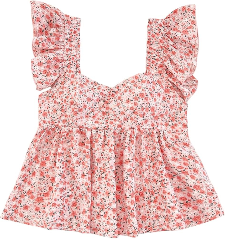 Girl's Floral Graphic Ruffle Sleeve Boho Blouses Sweetheart Neck Summer Babydoll Tops Shirts | Amazon (US)