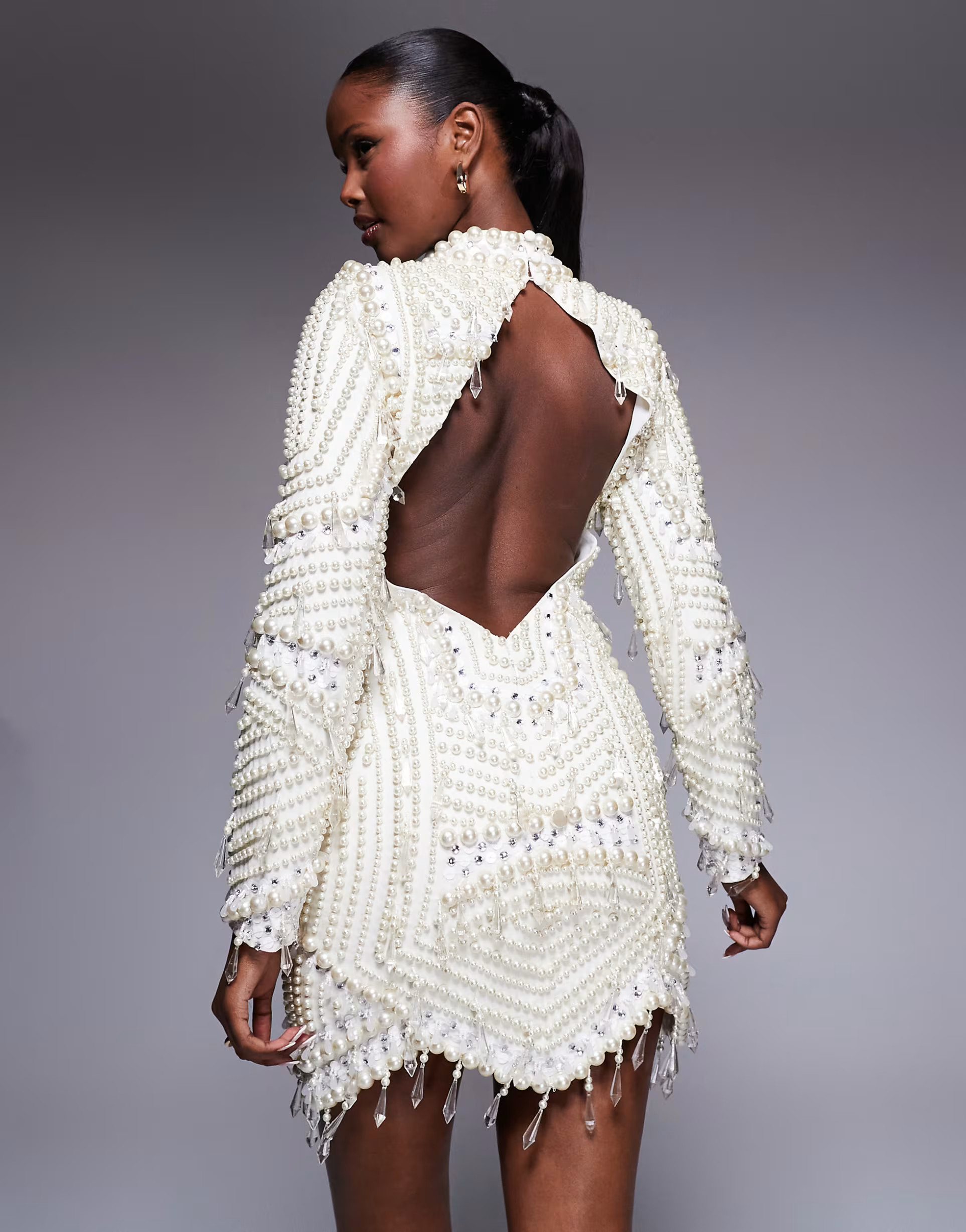 ASOS LUXE pearl embellished long sleeve mini dress in cream | ASOS (Global)