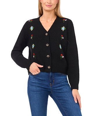 Women's Flower Embroidery Long-Sleeve Cardigan Sweater | Macy's