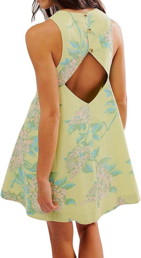 Floral Sleeveless Backless Mini Dress for Women Summer Loose Swing Flowy Sundress with Pockets | Amazon (US)