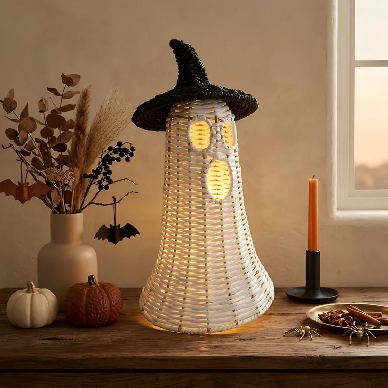 Handwoven Wicker Ghost with Detachable Witch Hat Lid - Rustic Rattan Style Spooky Lantern Centerp... | Walmart (US)