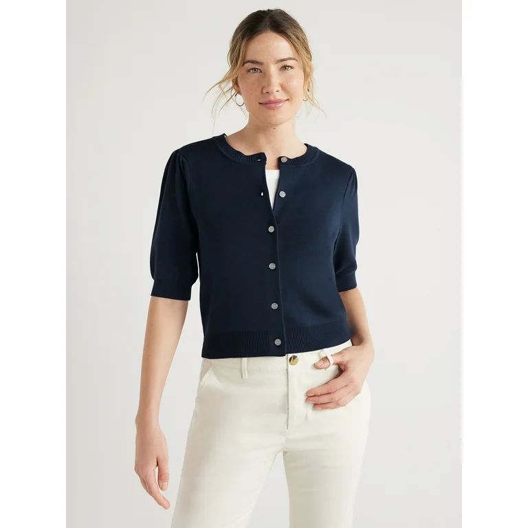 Free Assembly Women's Cardigan Sweater with Short Puff Sleeves, Midweight, Sizes XS-XXL | Walmart (US)