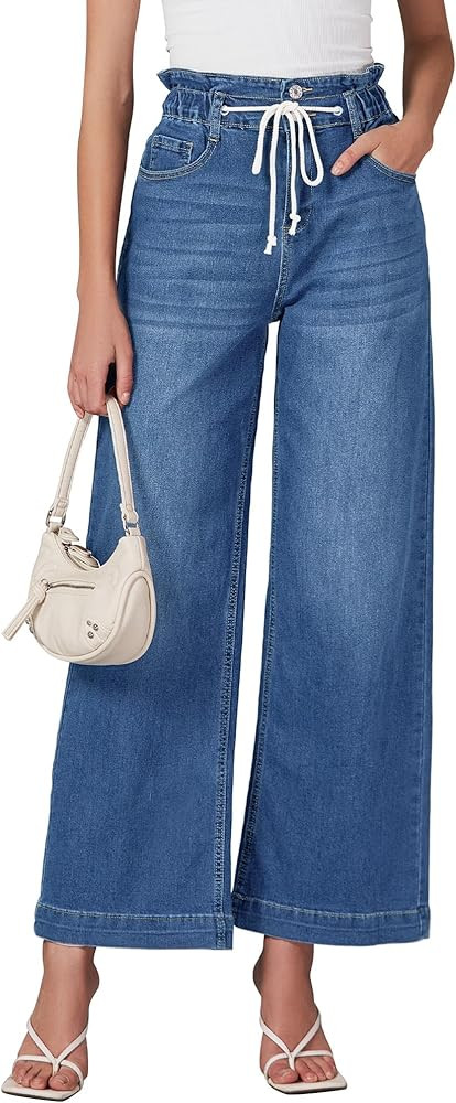 LookbookStore Womens Jeans Wide Leg High Waisted Trendy Elastic Wasit Drawstring Stretch Denim Pa... | Amazon (US)