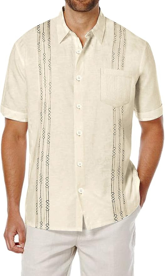 COOFANDY Men's Short Sleeve Linen Shirt Cuban Beach Tops Pocket Guayabera Shirts | Amazon (US)